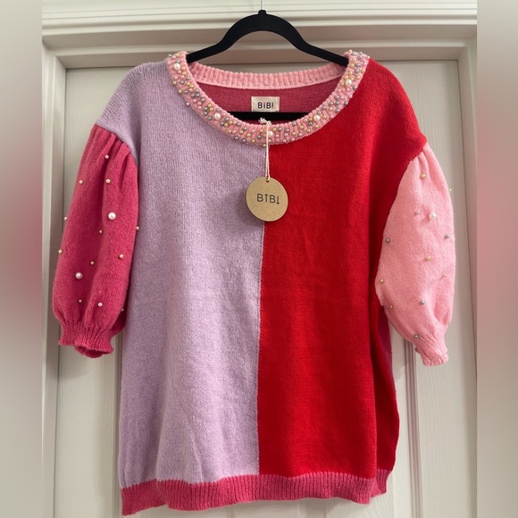NWT Women’s BiBi Color Block Short Sleeve Sweater with Pearls Size XL - Picture 1 of 6